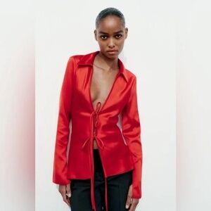 Zara Red Satin Effect Shirt with Ties